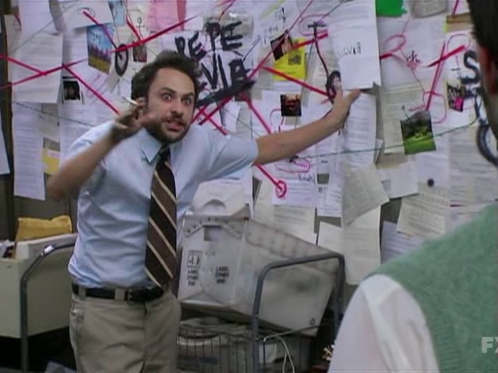 Charlie Kelly explaining his conspiracy board in It’s Always Sunny in Philadelphia
