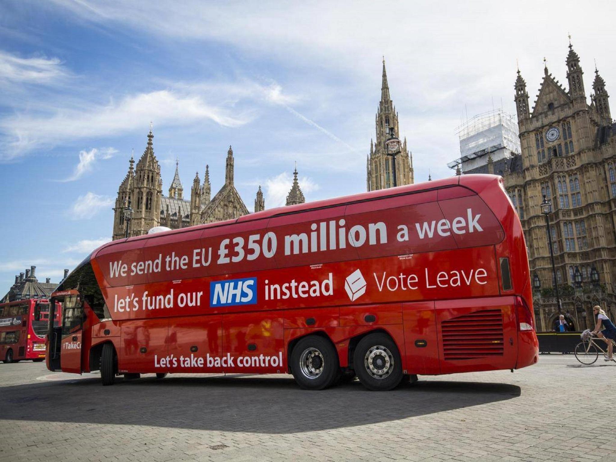 The Vote Leave campaign bus carrying the £350 million NHS slogan outside the Houses of Parliament